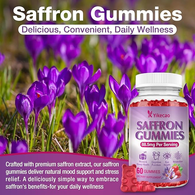 Saffron Supplements Gummies, 88.5mg Extract with Vitamin D3, B6, Magnesium, Ashwagandha, L-Theanine, Sugar-Free, Strawberry Flavor, 60 Count