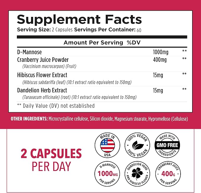 Plantvital D Mannose Capsules with Cranberry - D-mannose 1000mg per serving - High Potency for Bladder, Kidney and Urinary Tract Support - Cranberry Powder with Hibiscus and Dandelion- 2 Months Supply