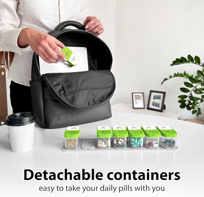 Extra Large Weekly Pill Organizer - XL Vitamin Holder with 7 Detachable AM PM Compartments - Portable Medicine Dispenser for Home and Travel, Big Supplement Container for Weekly or Daily Use, Green
