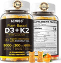 Vitamin D3 5000iu & K2( as MK7 ) 200mcg Gummies + 600mg Calcium, with Coconut Oil for High Absorption, Maximum Strength Vitamin D3 K2 Supplement - Support for Bones Muscle Teeth Immune, Vegan 60 Count