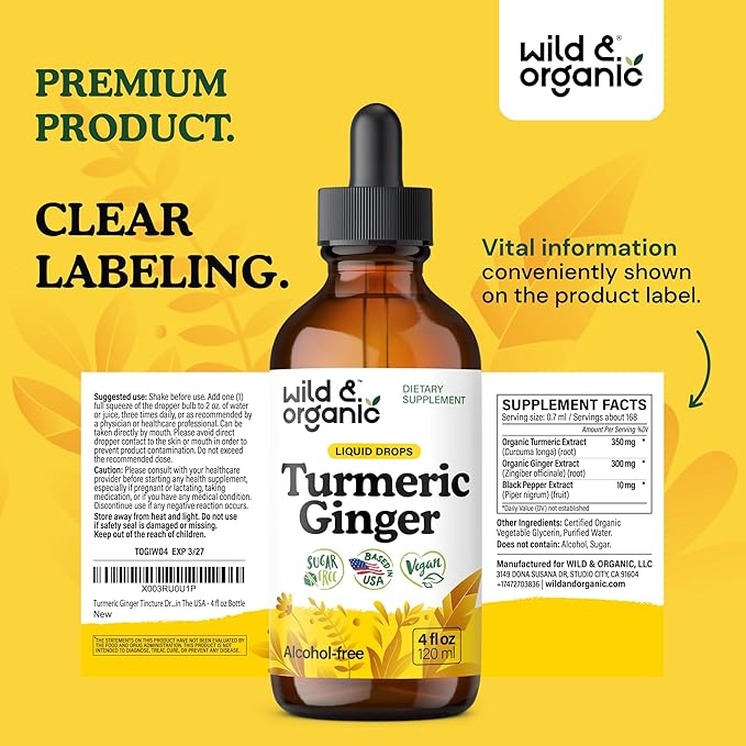 Wild & Organic Turmeric and Ginger Supplement Drops - Joint & Immune Support - Liquid Turmeric Curcumin with Black Pepper and Ginger - Curcumin Supplement - Vegan, Sugar & Alcohol-Free Tincture - 4 oz