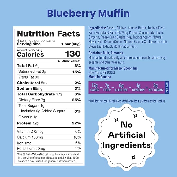 Magic Spoon Treats - 16 High Protein Bars, Blueberry Muffin - High Protein Gluten Free Snack - Sugar & Gluten Free Protein Cereal Bar - Low Carb, Keto Friendly - Healthy Snacks for Adults