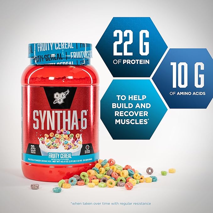 BSN SYNTHA-6 Premium Protein Powder with 6g of Fiber, Whey Isolate, Micellar Casein, Milk Protein Isolate, 5g of Fat, Fruity Cereal, 28 Servings, 2.91 Pound (Packaging May Vary)
