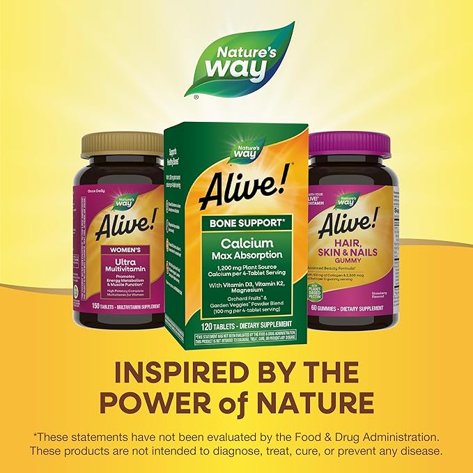 Nature's Way Alive! Calcium Max Absorption 1200 mg Calcium per 4 Tablets with Vitamin D3, Bone Support*, Vitamin D3 & K2, Magnesium, 120 Tablets (Packaging May Vary), (Pack of 2)