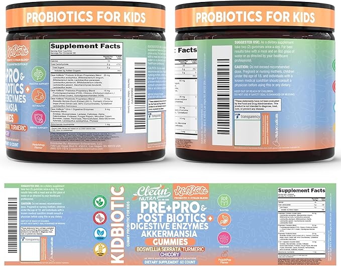 Clean Nutra Kids Probiotics Gummies with Prebiotics, Postbiotics, Digestive Enzymes, Akkermansia, Boswellia Serrata, Turmeric, Chicory – 60 Count – Plant-Based Supplement for Kids – PeachPop Flavor