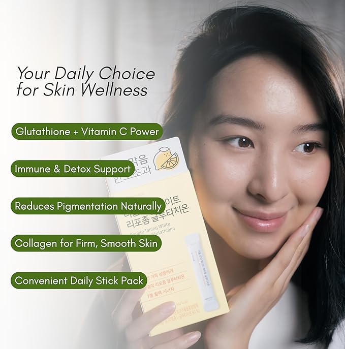 HEALTHY PLACE Double Toning White Liposome Glutathione Korean Beauty Supplement – Liposomal L-Glutathione, Vitamin C 500 mg, Vitamin E, Biotin & Fish Collagen 500 mg, Lime-Lemon Flavor – 30 Packets