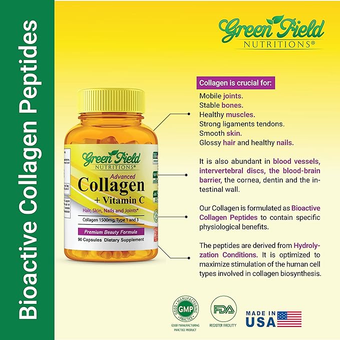 Greenfield Nutritions - Halal Collagen Peptides 1500 mg Type I & III, with Vitamin C 300 mg for Better Absorption, Anti-Aging Formula for Hair, Skin, Nails & Joints, Halal Vitamins, 90 Capsules
