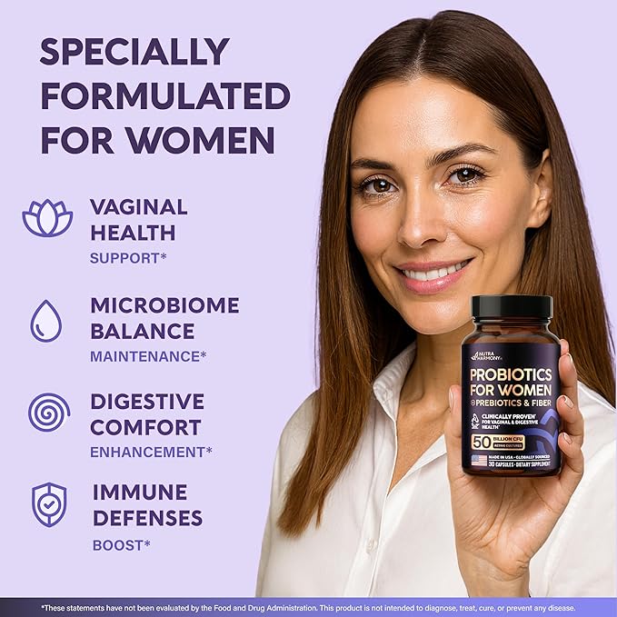 Probiotics for Women 50 Billion CFU - Vaginal Probiotics Clinically Proven for Yeast & pH Balance - Digestion & Bloating Relief - 8 Strains + Prebiotics - Delay Release - Made in USA, 30 Capsules