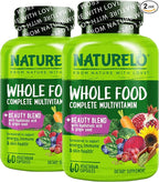 NATURELO Whole Food Multivitamin with Extra Hair, Skin & Nails Support - Beauty Blend with Hyaluronic Acid & Grape Seed - High Potency Biotin, Vitamin C, & Glutathione, 60 Vegan Capsules (Pack of 2)