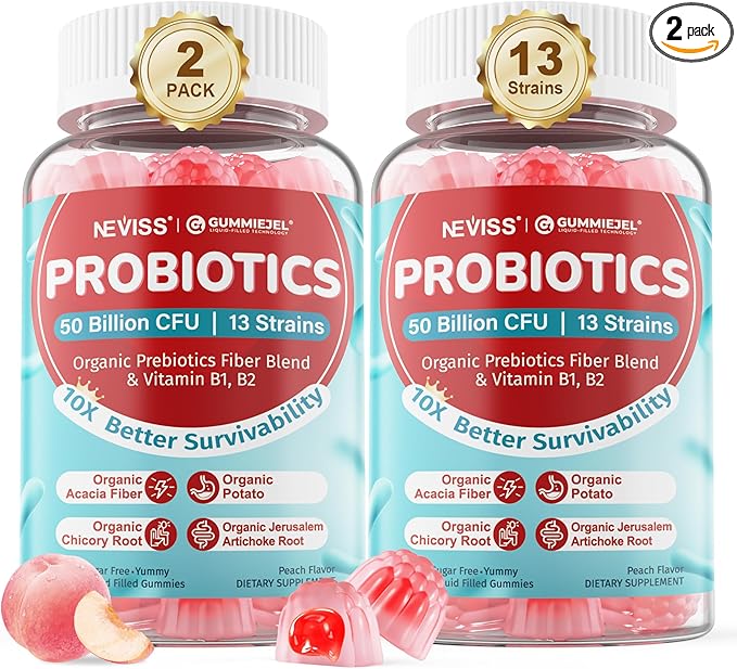 Probiotic + Prebiotic Gummies for Adults & Kids 4+, Sugar Free Chewable Probiotic 50Billion CFUs w/Fiber, Vitamin B1 B2 D3 & Zinc, for Digestive & Gut Health, Boost Microflora Diversity, Vegan 120 Cts