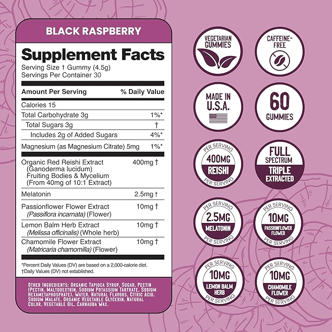 Troomy Sleep Gummies for Adults and Kids, Great Tasting Black Raspberry, Red Reishi Mushroom, Easy Restful Natural Sleep Aid, 30 Count