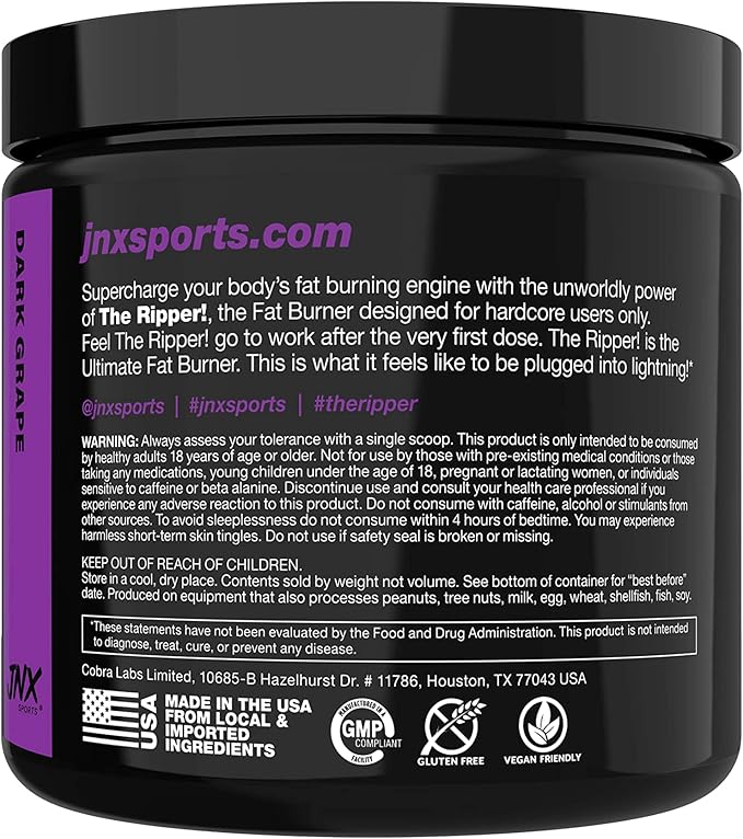 JNX SPORTS The Ripper! Fat Burner Pre Workout for Men & Women – Thermogenic Fat Burning Powder & Appetite Suppressant, Boost Energy & Endurance – Dark Grape, 30 Servings