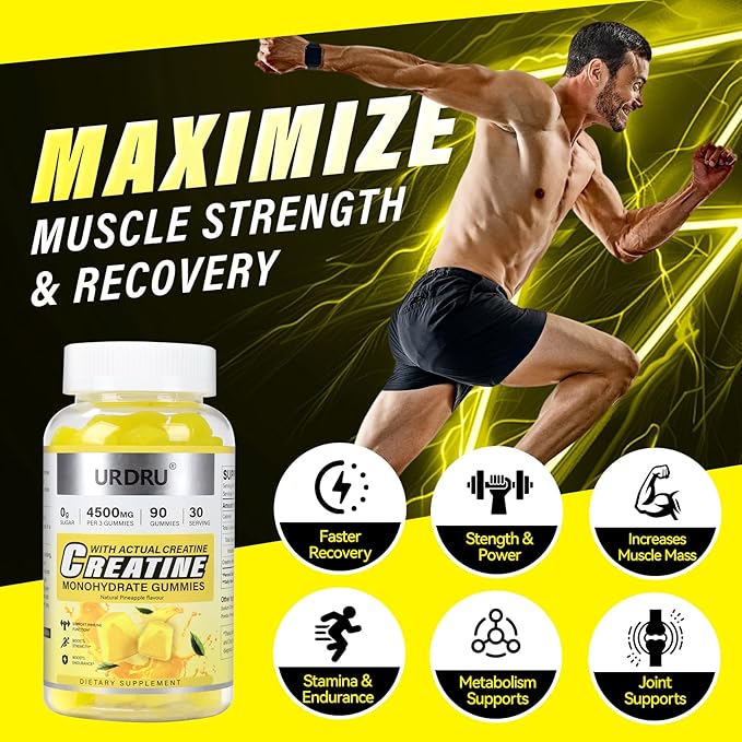 Sugar-Free Creatine Gummies for Men & Women - Third-Party Testing Creatine Monohydrate Gummies 4.5g, Energy Boost, Pre-Workout Supplement, Vegan, Non-GMO (90 Count, Pineapple)