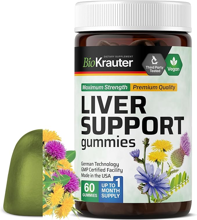 BIO KRAUTER® 9-in-1 Liver Detox with Vitamin C, Milk Thistle, Turmeric, Dandelion Root, Beet Root, Chanca Piedra for Liver Support - Vegan Liver Supplement, 60 Gummies, 30 Days of Supply - Non-GMO
