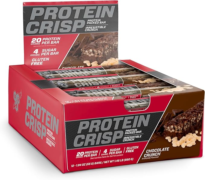 BSN Protein Crisp Bar, Chocolate Crunch, 20 Gram Protein Snack Bars with Whey and Fiber, Gluten-Free Crunchy Energy Bars for Workout, Fitness, On-the-Go, 12 Count