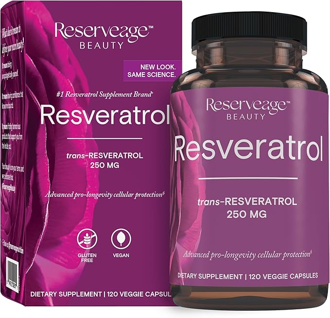 Reserveage Beauty Resveratrol 250 mg - Best Trans-Resveratrol - Vegan Antioxidant Supplement for Cellular & Heart Health - Aids Healthy Aging & Immune Health - 120 Capsules