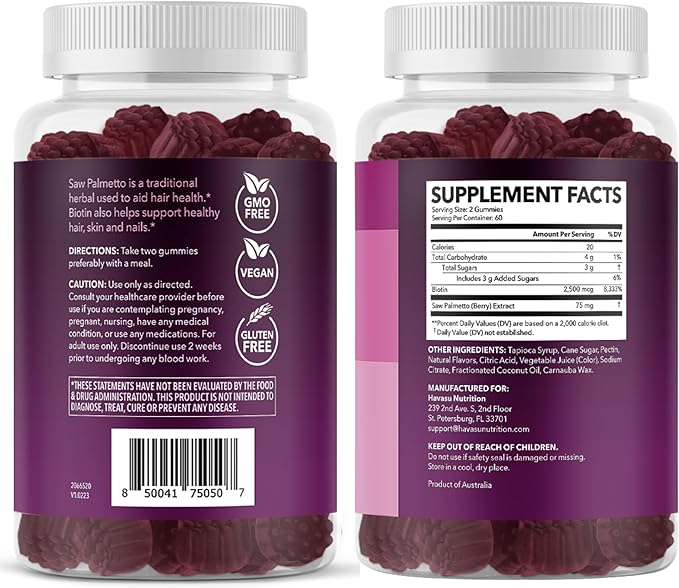 Saw Palmetto for Women with 2500mcg Biotin - DHT Blocker and Hair, Skin, Nail Health Gummies - 120 Count - Supports Stronger and Fuller Looking Locks and Radiant Skin - Vegan, Non-GMO, 2 Month Supply