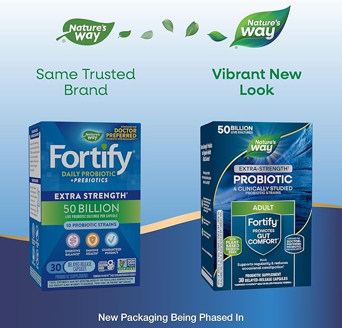 Nature's Way Extra Strength(1) Fortify Probiotic,Probiotics for Digestive Health,Prebiotics,50 Billion Live Cultures,Digestive & Immune Health Support*,30 Capsules,(Pack of 2)