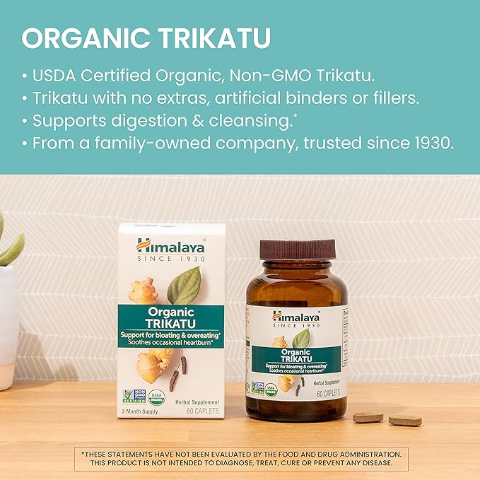 Himalaya Organic Trikatu, 60 Day Supply - Digestive Health Supplement for Occasional Bloating, Heartburn, and Indigestion Relief - USDA Organic, Vegan, Non-GMO, Gluten Free, 60 Caplets