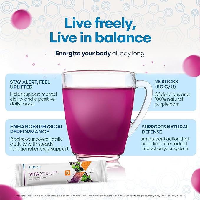 FuXion | Vita Xtra T+ | Energy Drink Powder | Energy Support | Multimineral and Multivitamin Powder Drink | Provides Physical Energy and Vitality | Powerful Antioxidants | Purple Corn Flavor | 28u