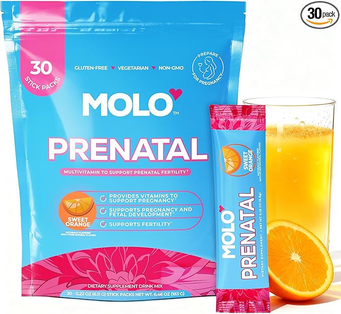 MOLO Prenatal Multi-Vitamin Drink Mix for Women – Packed with essential vitamins & antioxidants, DHA Omega-3, Methylfolate – 30 Stick Packs with Sweet Orange Flavor – Vegetarian, Gluten-Free & Non-GMO