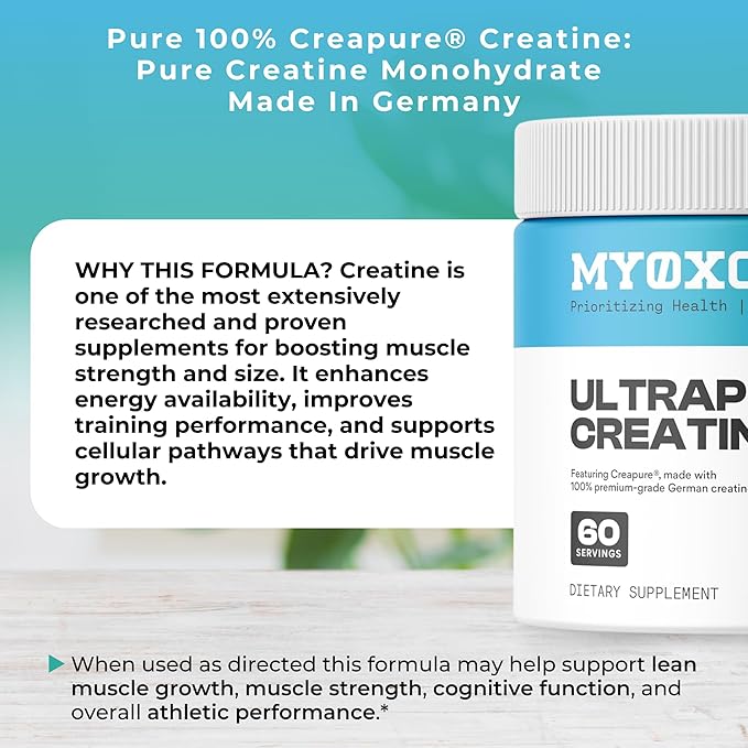 MYOXCIENCE Creapure® Creatine Monohydrate | Supports Strength & Muscle Mass, Cognition and Lean Body Mass | Unflavored 60 Servings