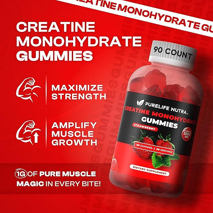 Creatine Monohydrate Gummies - 3g Serving, Sugar Free, 90 Count, Non-GMO, Designed for Men & Women, Gluten Free, Non Bloating - Vegan, Halal, Kosher. (90 Units, Strawberry)