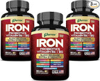 Iron Supplement, Slow Release Iron, Probiotics, Spirulina, Turmeric, Vitamin B6, Methylated B12, Vitamin C, Zinc, Beetroot, Nettle Leaf, Dandelion Root, Black Pepper, Extra Strength, 60 Capsules 3Pack