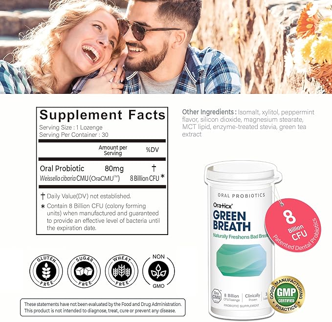OraTicx Green Breath Oral Care Probiotics, Naturally Support Freshens Bad Breath & Healthy Mouth, Dental Probiotic Supplement 8 Billion CFU, Mint Flavor 30 Lozenges 1-PK