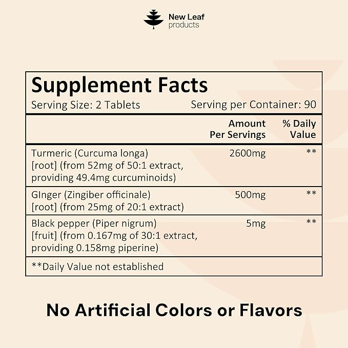 Turmeric Tablets with Black Pepper & Ginger - Curcumin - 180 Turmeric and Black Pepper Tablets (3 Month) High Strength Active Turmeric Supplements Not Capsules, by New Leaf