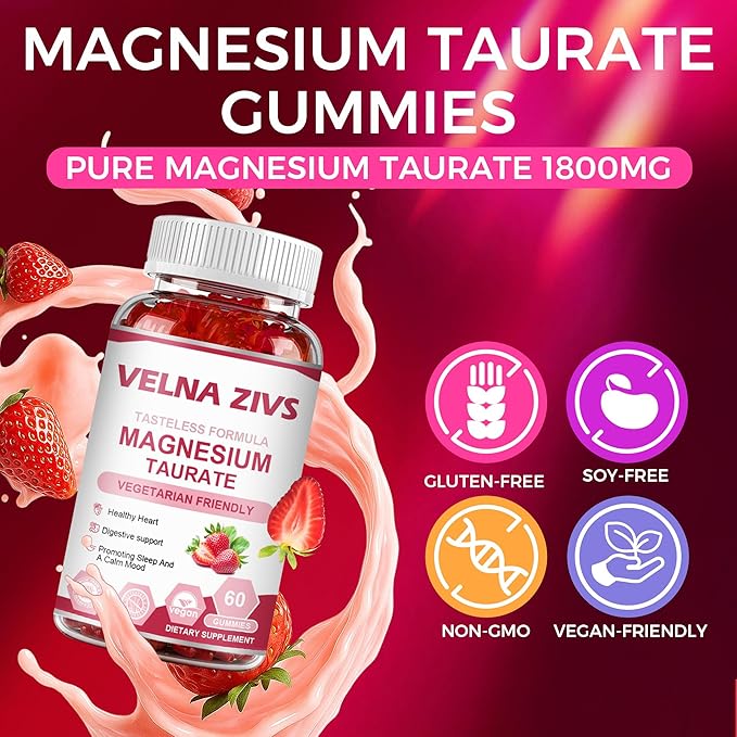 Magnesium Taurate Gummies 1800mg, Magnesium Taurate Supplement, High Absorption& chewable for Kid and Adults, Muscle and Heart Health Support, Vegan, Gluten Free, 60 Counts