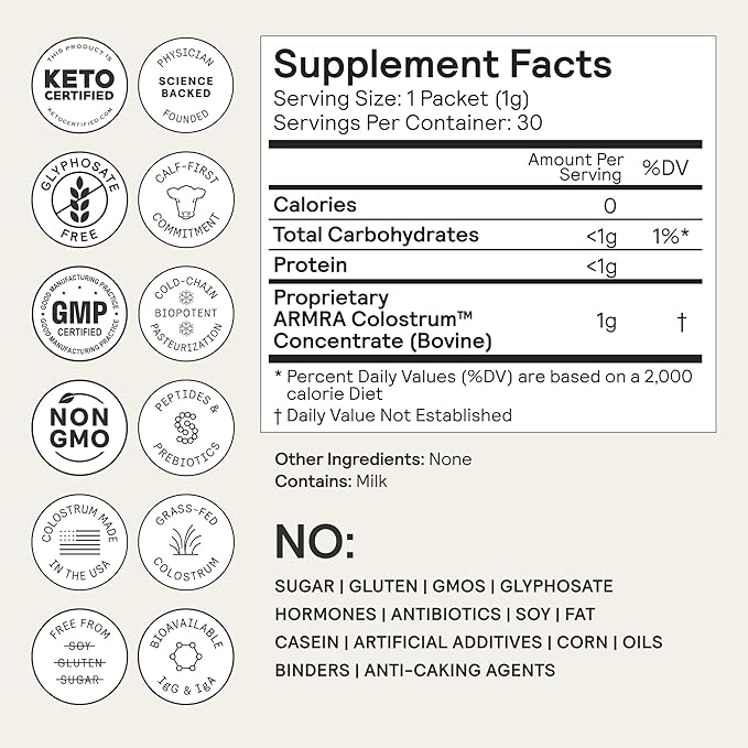 ARMRA Colostrum Powder | Unflavored | Gut Health & Bloating | Skin & Hair | Immunity | Keto, Gluten & Fat-Free | 30 Servings