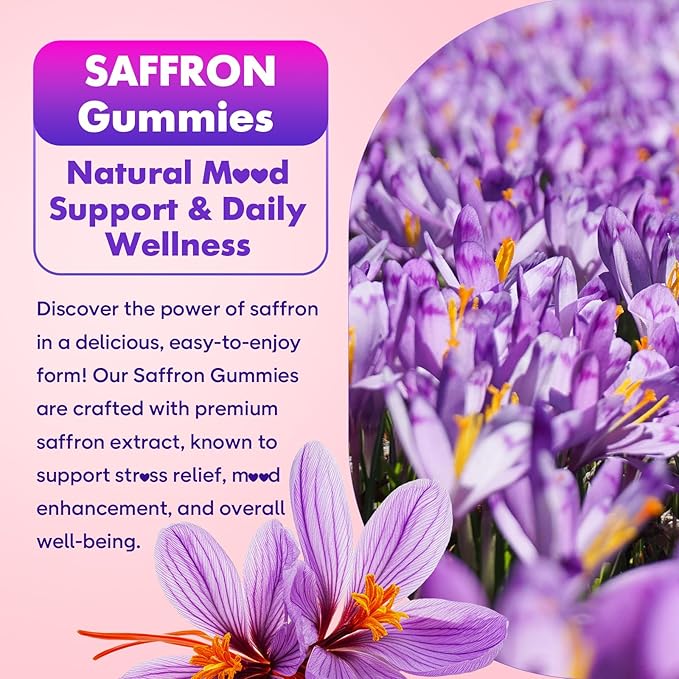 softbear Saffron Gummies for Kids & Adults, 10-in-1 Organic Saffron Supplements with 88.5mg Saffron Extract Support Calm Mind & Focus & Zzz, Sugar Free/Non-GMO, Raspberry Flavor 60 Count