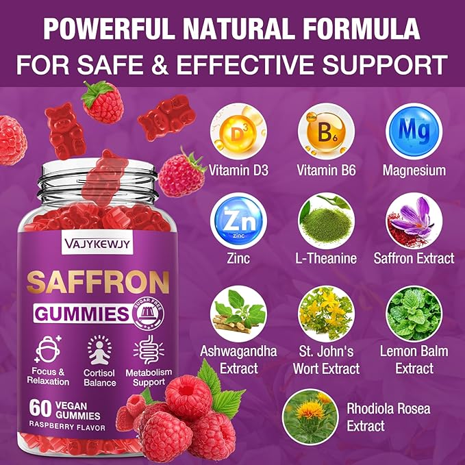Saffron Gummies (88.5 mg) with Magnesium — Enhanced with St. John’s Wort, Rhodiola, Ashwagandha & Vitamins B6, B12, D3 for Mood & Focus Support — 120 Count