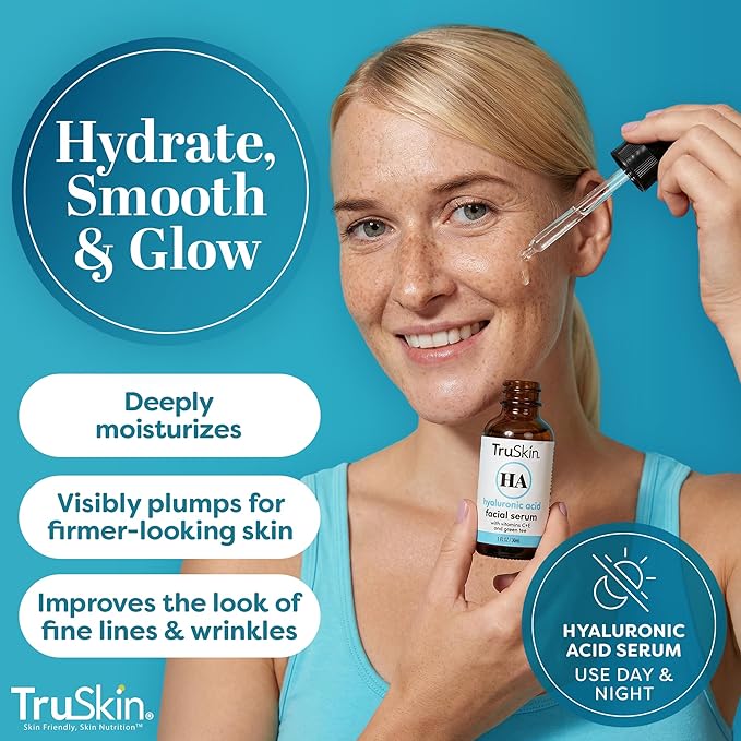 TruSkin Hyaluronic Acid Serum for Face – 7 Ultra-Hydrating Ingredients – Moisturizing & Plumping Facial Serum for Smooth, Healthy-Looking Skin, 1 Fl Oz