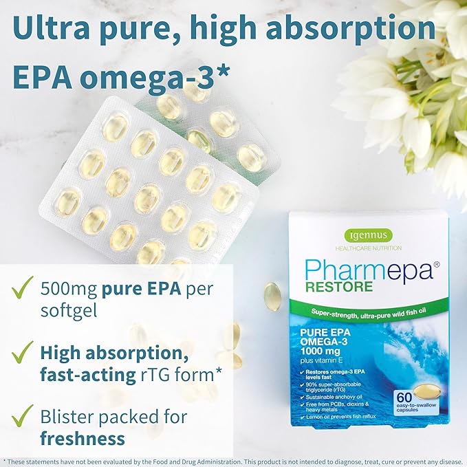 Igennus Pharmepa Restore, Pure EPA 1000mg, Omega 3 rTG Fish Oil, IFOS Certified, High Absorption, 90% Concentration Triple Strength, Wild & Sustainable, Lemon Flavor, 1-Month Supply, 60 Softgels