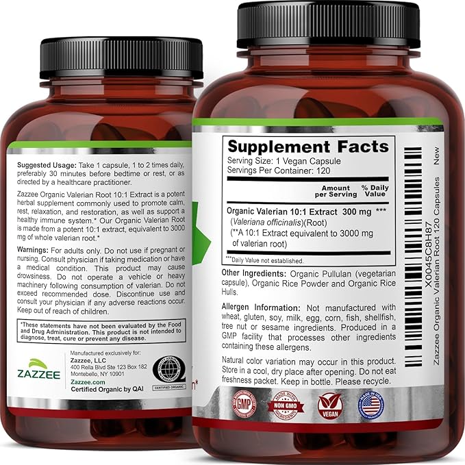 Zazzee USDA Organic Valerian Root 10:1 Extract, 120 Vegan Capsules, 4 Month Supply, Valeriana Officinalis, Relaxation, Calm & Mood Support, All-Natural, Non-GMO, Made in the USA