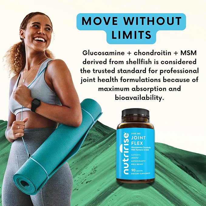NutriRise Glucosamine Chondroitin Quercetin & MSM with Turmeric Curcumin 2100mg Triple Strength Joint Support Supplement for Women & Men with Boswellia & Bromelain, Gluten Free, Non GMO, 90 Count