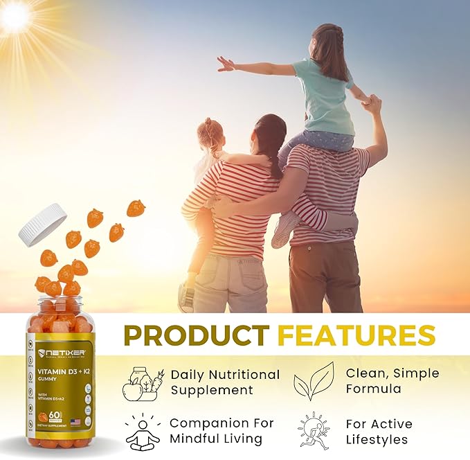 Vitamin D3 K2 Gummies for Adults – 60 Vegan Orange Gummies | 400 IU (10 mcg) D3 + 55 mcg Vitamin K2 MK-7 | Individually Wrapped, Gelatin-Free, Gluten-Free, Non-GMO | Halal Certified