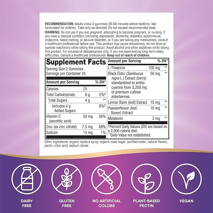 Nature’s Way Sambucus Sleep + Immune* Elderberry Gummies, Sleep Support for Adults and Immune Support*, With Melatonin, Vitamin C, L-Theanine, Zinc, 50 Gummies (Packaging May Vary)