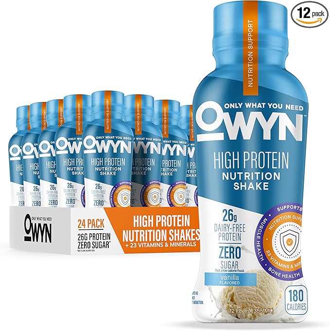 OWYN Only What You Need High Protein Shake, Vanilla Flavored, 26g Protein, 0g Sugar, 3g Fiber, Dairy Free, Plant Based Protein Drink, 12 Count