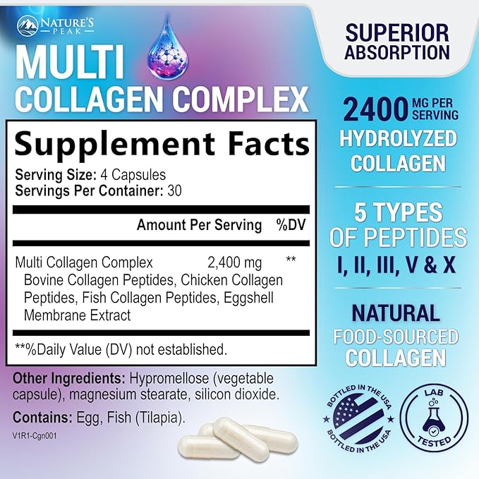 Multi Collagen Peptides Supplement for Hair, Nail, Skin - Type I, II, III, V, X, Collagen Powder Pills - Grass-Fed, Hydrolyzed for Bone and Joint Support for Women & Men, Non-GMO - 120 Capsules