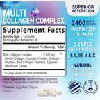 Multi Collagen Peptides Supplement for Hair, Nail, Skin - Type I, II, III, V, X, Collagen Powder Pills - Grass-Fed, Hydrolyzed for Bone and Joint Support for Women & Men, Non-GMO - 120 Capsules