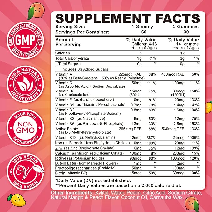 Iron Gummies for Kids & Teens, Kids Multivitamin with Iron Supplement, Calcium, Folate, Zinc, Prebiotic - for Blood Builder & Energy Support, Iron Deficiency - Vegan & Non-GMO - Mango & Peach
