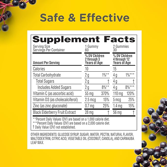 Zarbee's No Sugar Coating Elderberry Gummies for Kids, Daily Immune Support* Gummies with Vitamins C, D3 & Zinc to Support a Healthy Immune System*, No Artificial Flavors, Ages 2+, 60 ct