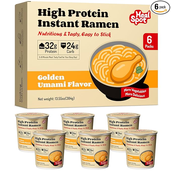 Healspot High Protein Instant Ramen (6 Cups) - 32g Plant-Based Protein, Non-Fried, Low Carb Low Fat, Non-GMO, Keto & Vegan Friendly (Golden-Chicken)