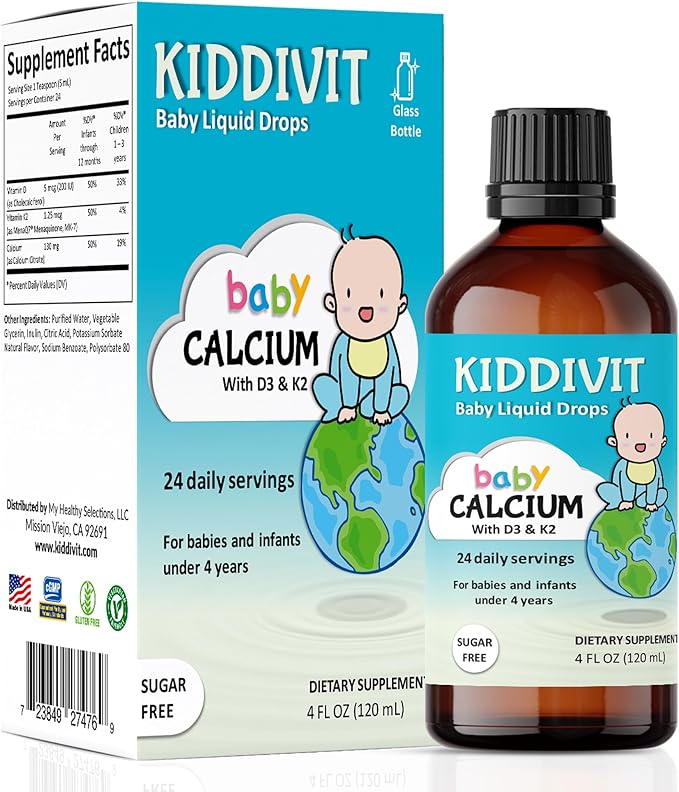Kiddivit Baby Calcium Liquid Drops with Vitamin D3 & K2 – Gentle Bone & Growth Support Supplement – 24 Daily Servings – Inulin Fortified Prebiotic Fiber – Sugar Free, Gluten Free, Vegetarian, 4oz