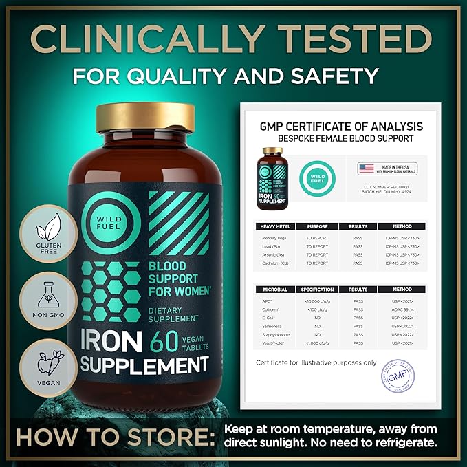 Vegan Iron Supplement for Women with Folic Acid - 35 mg Blood Builder Ferrous Sulfate, Folic Acid 400 mcg - Iron Pills for Women with Anemia & Pregnancy Support - 180 Gluten-Free Tablets - 3Pack