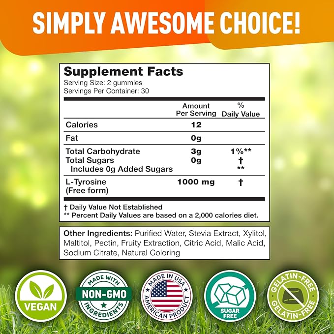 BioVit L Tyrosine Gummies - Activated Amino Acid L Tyrosine Supplement - Natural Focus, Mood and Energy Supplement for Kids & Adults - L-Tyrosine 1000MG per Serving, 500MG per Gummy - 60 Vegan Gummies