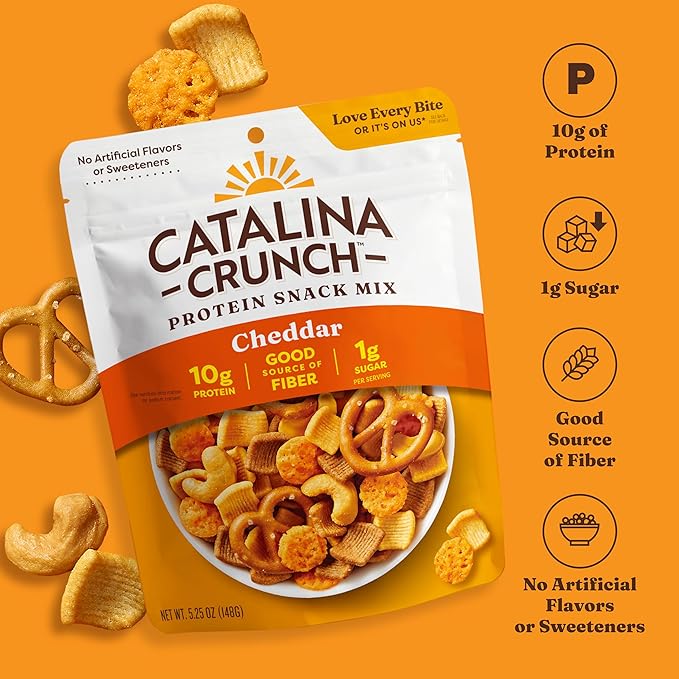 Catalina Crunch Protein Snack Mix with Cheese Crisps | 10g Protein, 1g Sugar per Serving | Good Source of Fiber, Keto, Gluten Free | Cheddar, 5.25 Ounce Bag (Pack of 5) - Packaging May Vary